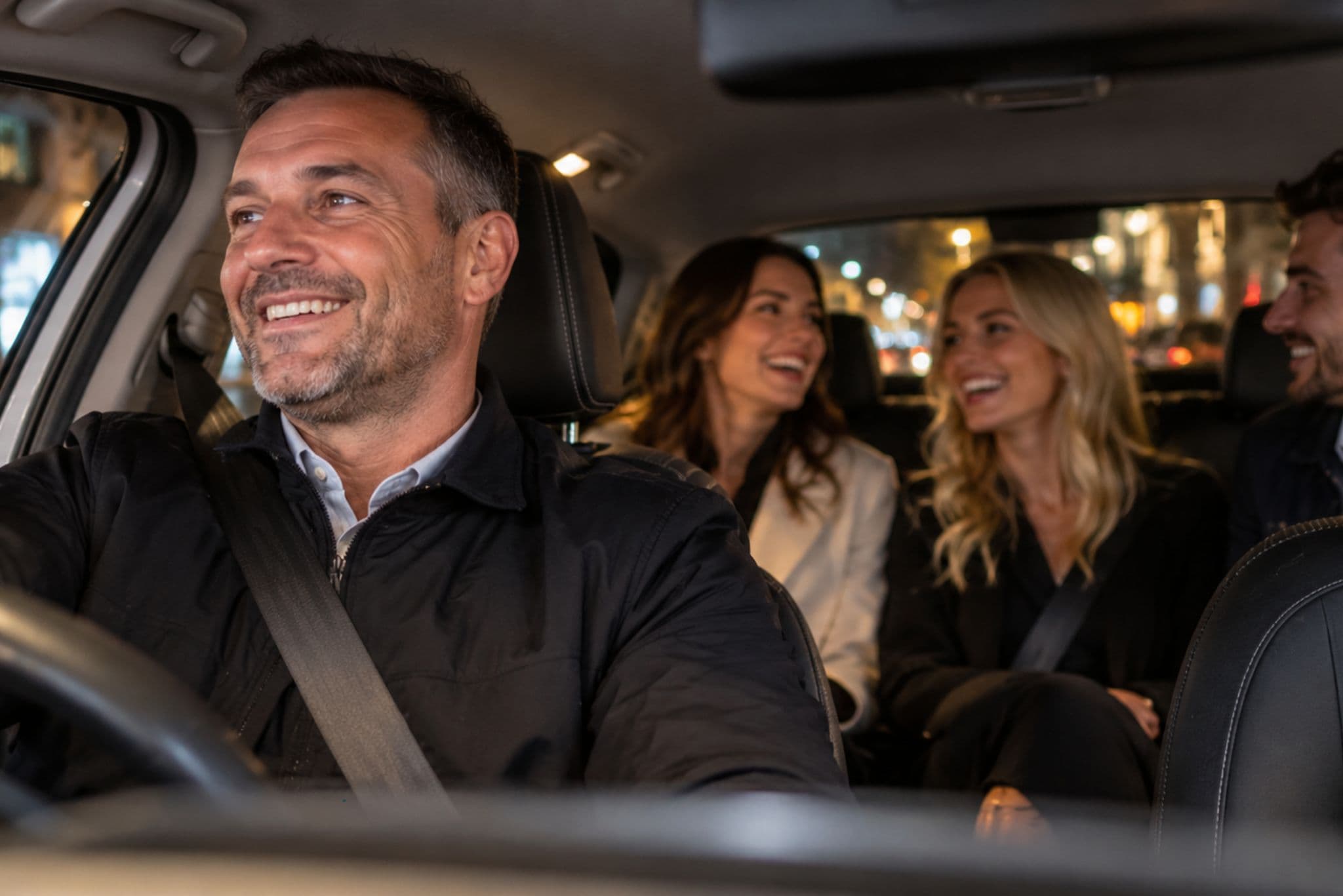 Friends enjoying a night out in a Central Cars taxi in Chesterfield